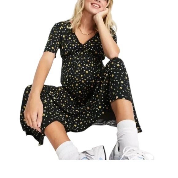 Asos Maternity Ditsy Floral Print Short Sleeve Maxi Dress Black Size 10 Bohemian - Picture 6 of 16